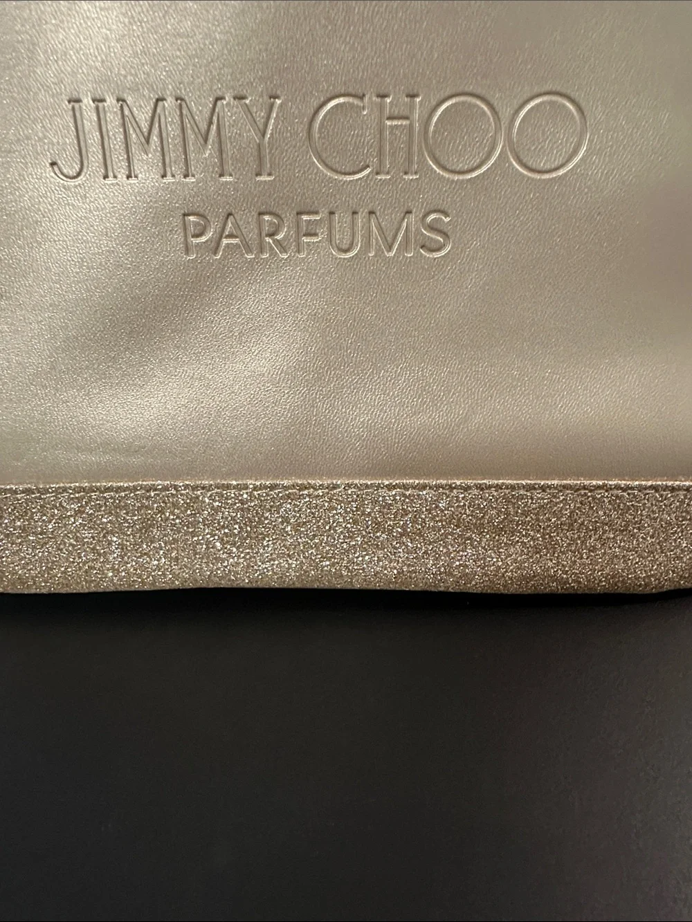 NWT Jimmy Choo Gold Parfumes Cosmetic Pouch w Glitter Trim & Gold Zipper Charm